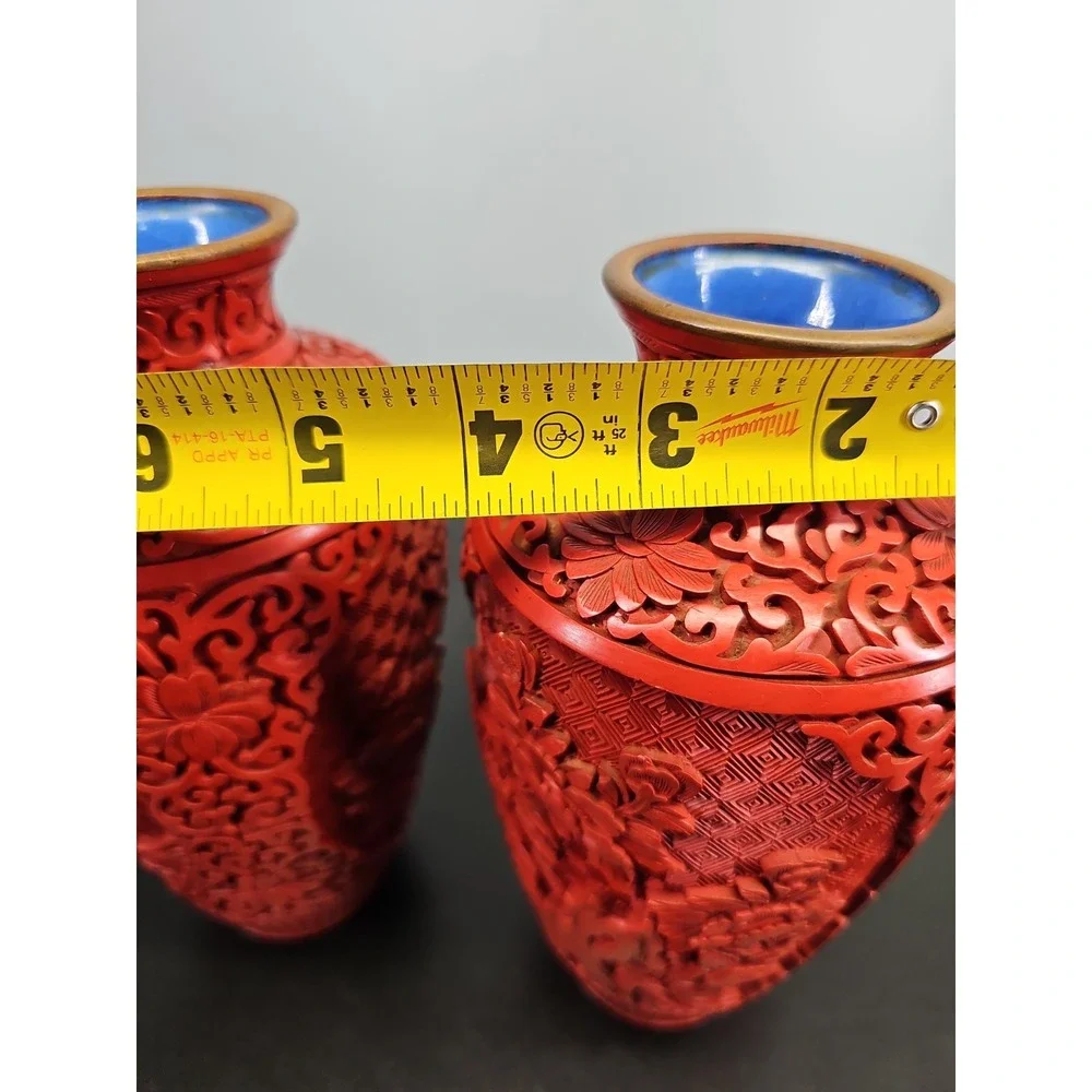 LARGE FINE PAIR OF CHINESE MEI PING CINNABAR BLUE ENAMEL BRASS VASE 30cm TALL